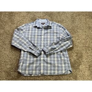Johnston Murphy Shirt Large Blue Check Mens Linen Cotton Button Down Long Sleeve
